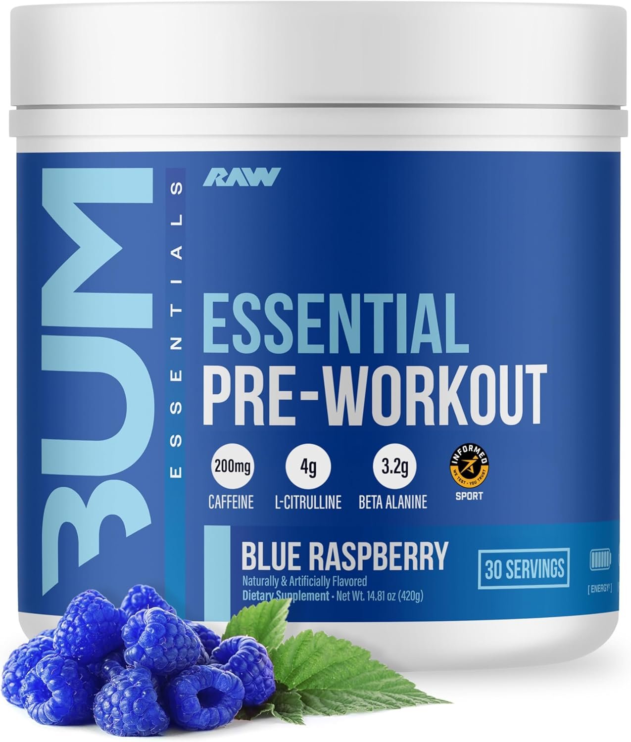 RAW Nutrition – Essential Pre – Chris Bumstead Pre Workout Formula, Sports Nutrition Pre-Workout Powders | Men & Womens Drink, Energy Powder for Working Out (Blue Raspberry)