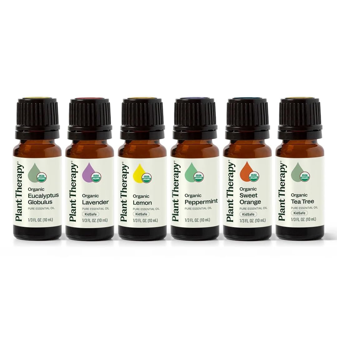 Plant Therapy Top 6 USDA Organic Essential Oil Set – Lavender, Peppermint, Eucalyptus, Lemon, Tea Tree 100% Pure, Natural Aromatherapy, for Diffusion & Topical Use, Therapeutic Grade 10 mL (1/3 oz)