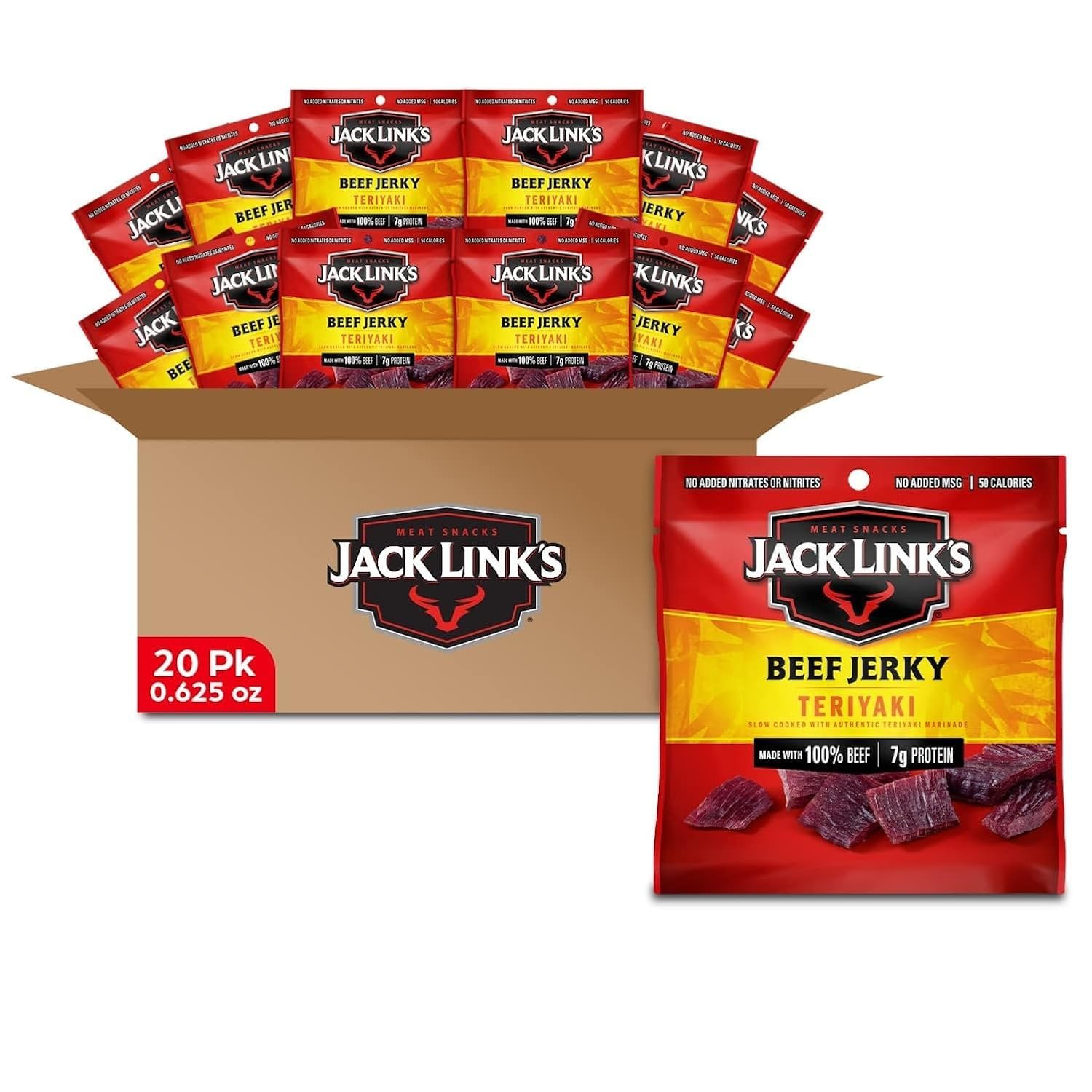 Jack Link’s Beef Jerky, Teriyaki, Multipack Bags – Flavorful Meat Snacks for Lunches, Ready to Eat Protein Snacks, Individual Packs – 7g of Protein, Made with 100% Beef – 0.625 oz (Pack of 20)