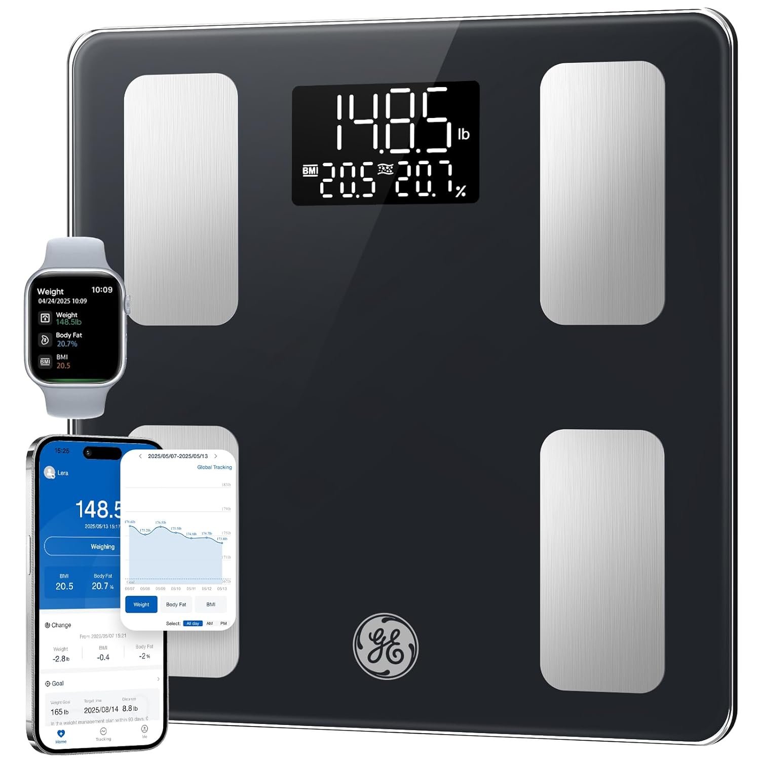 GE Smart Scale for Body Weight and Fat, Digital Bathroom Scales with LED Display BMI Body Fat – Bluetooth 13 Body Composition Monitor for Muscle Mass People with App, Accurate 400lb Weighing