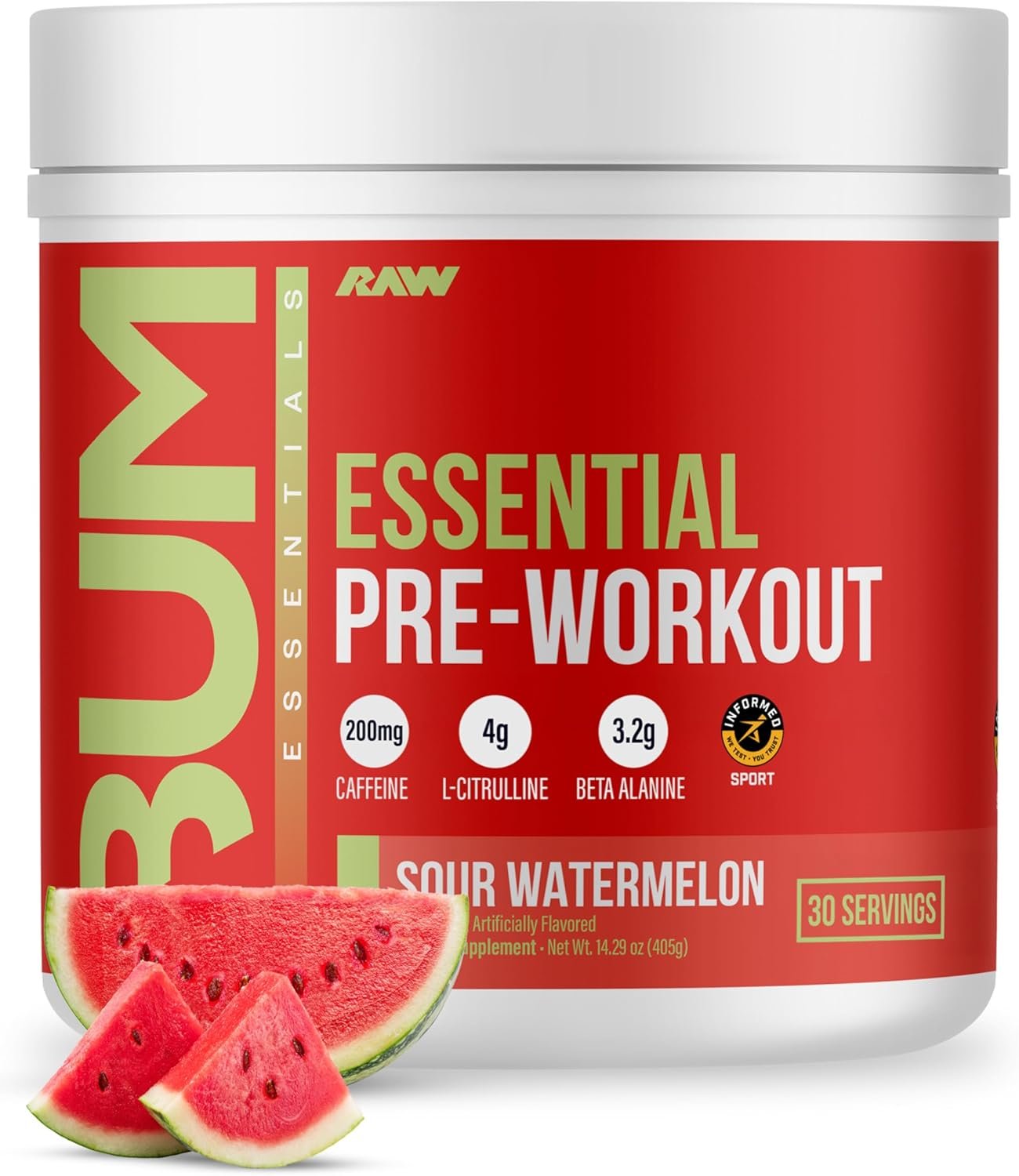 RAW Essential Pre-Workout Powder (Sour Watermelon) – Chris Bumstead Sports Nutrition Supplement for Men & Women – Preworkout Energy Powder with Caffeine, L-Citrulline, L-Tyrosine, & Beta Alanine Blend