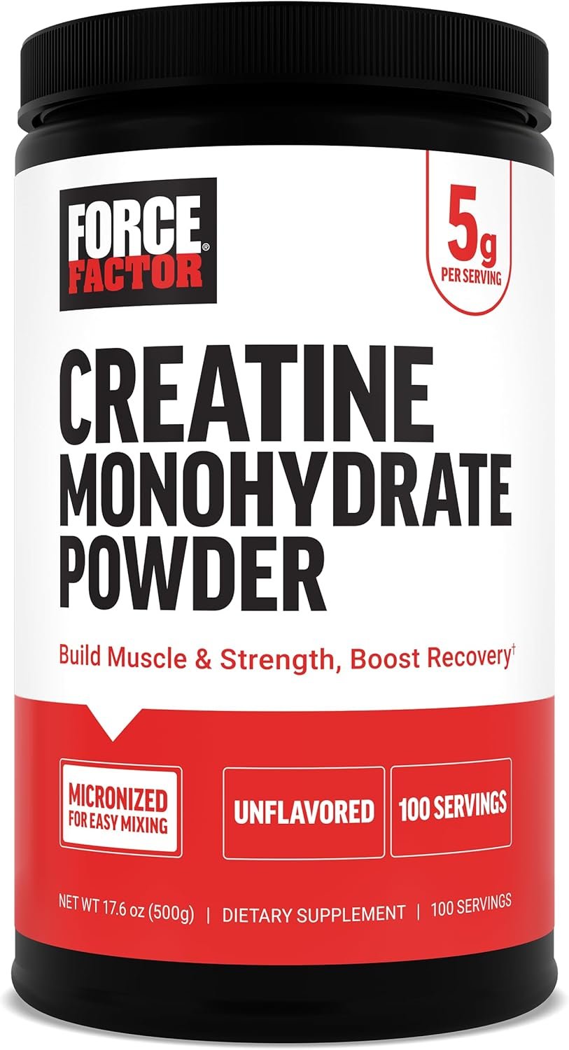 Force Factor Creatine Monohydrate Micronized Powder 500G, 5g Dose to Support Muscle Growth, Strength, Recovery, Cognitive Health & Memory, Unflavored, 100 Servings, 17.6 Oz
