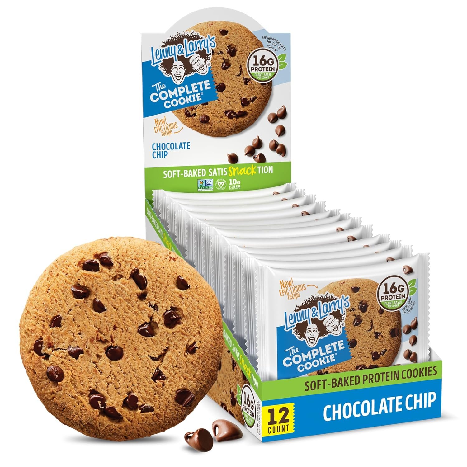 Lenny & Larry’s The Complete Cookie, Chocolate Chip, Soft Baked, 16g Plant Protein, Vegan, Non-GMO, 4 Ounce Cookie (Pack of 12)