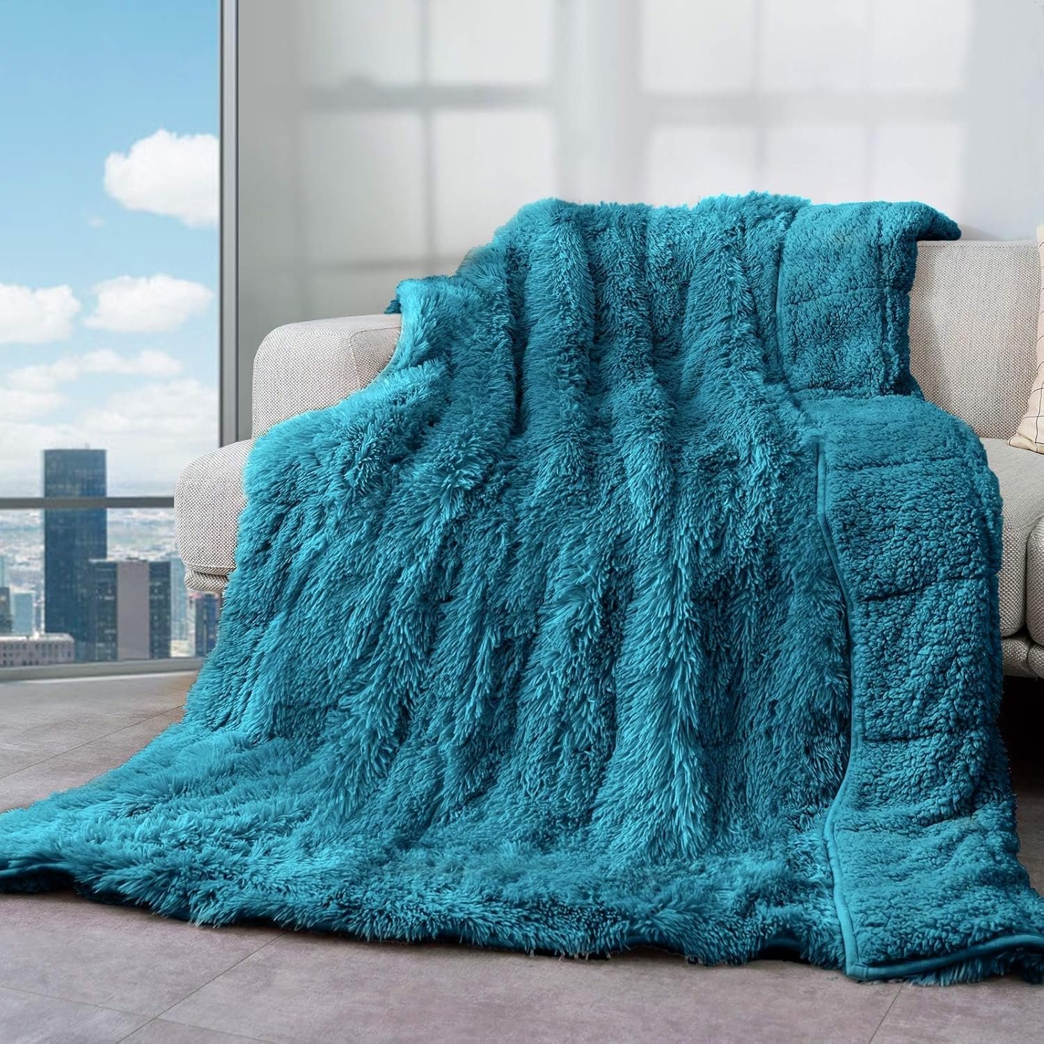 Cottonblue Weighted Blanket 15lbs, Sherpa Faux Fur Reversible Luxury Snugly Long Fur Warm Heavy Blanket 60×80 inches, Warm Plush Sherpa Weighted Blanket Queen Size for Couch Sofa Bed, Teal Green
