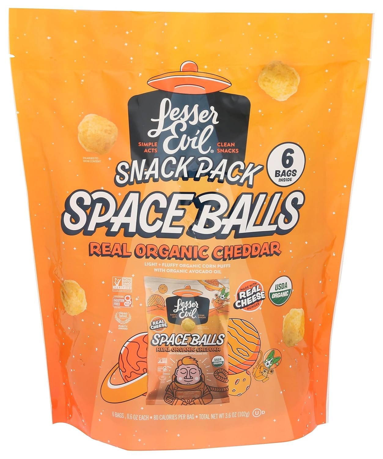 Lesserevil Organic Real Cheddar Space Ball Puffs Multipack, 3.6 Oz