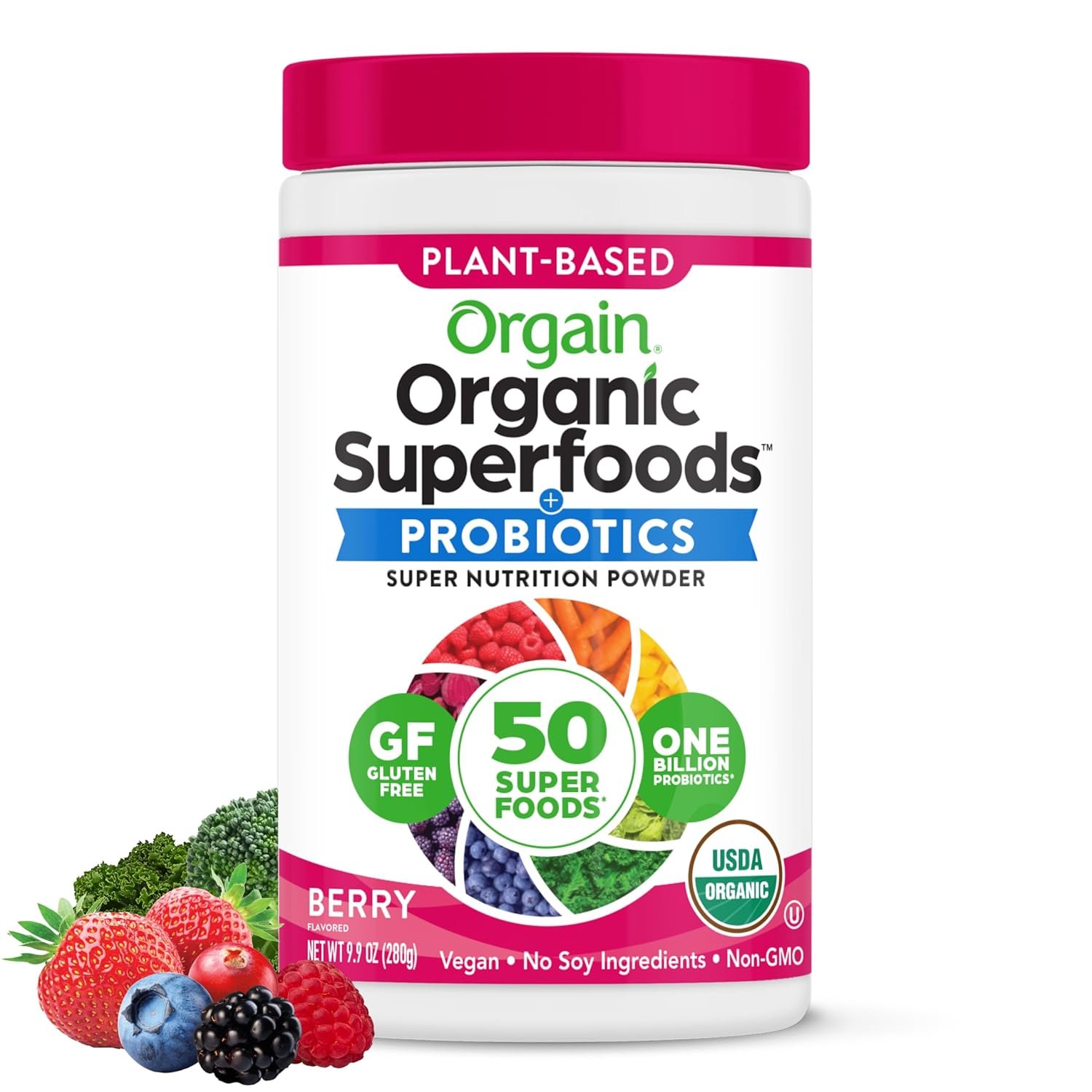 Orgain Organic Greens Powder + 50 Superfoods, Berry – 1 Billion Probiotics for Digestive Health, Antioxidants, Vegan, Plant-Based, Gluten-Free, Non-GMO, Green Juice & Smoothie Drink Mix – 0.62lb
